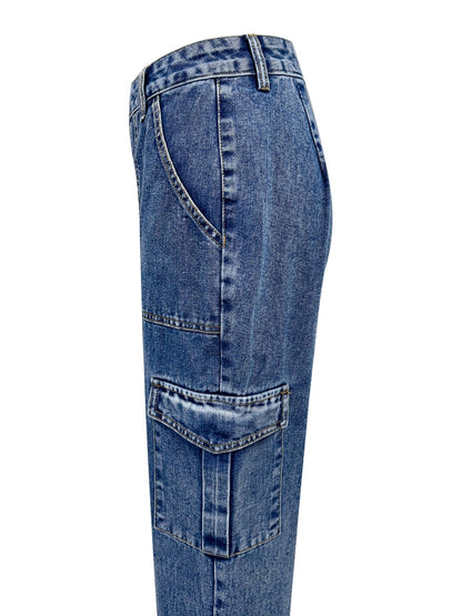 High Rise Straight Jeans with Cargo Pockets