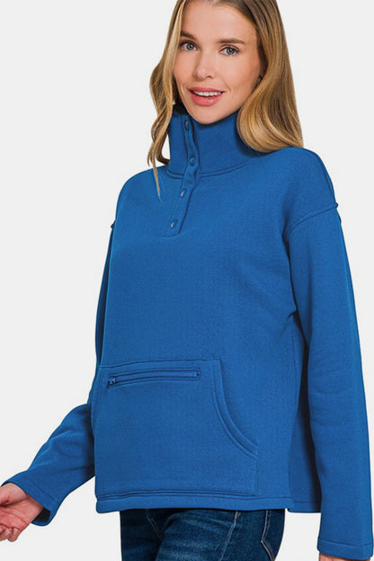 Zenana Turtleneck Half Snap Fleece Sweatshirt