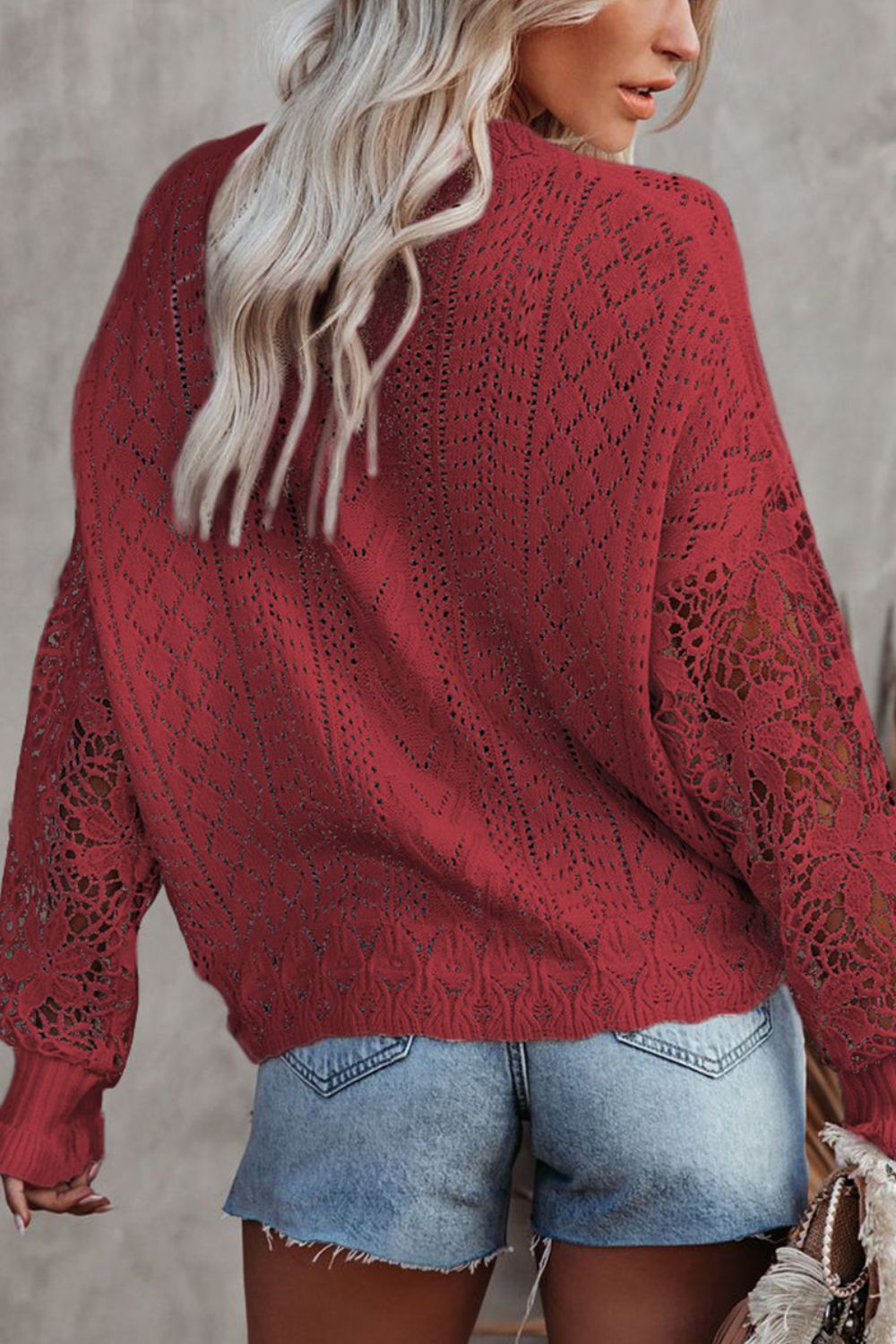 Openwork Round Neck Long Sleeve Sweater